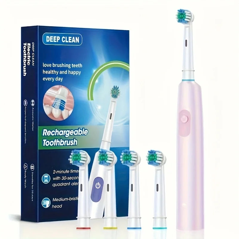 Round Rotating Electric Toothbrush Adults 5 Cleaning Modes USB Rechargeable 4/8 Replacement Heads