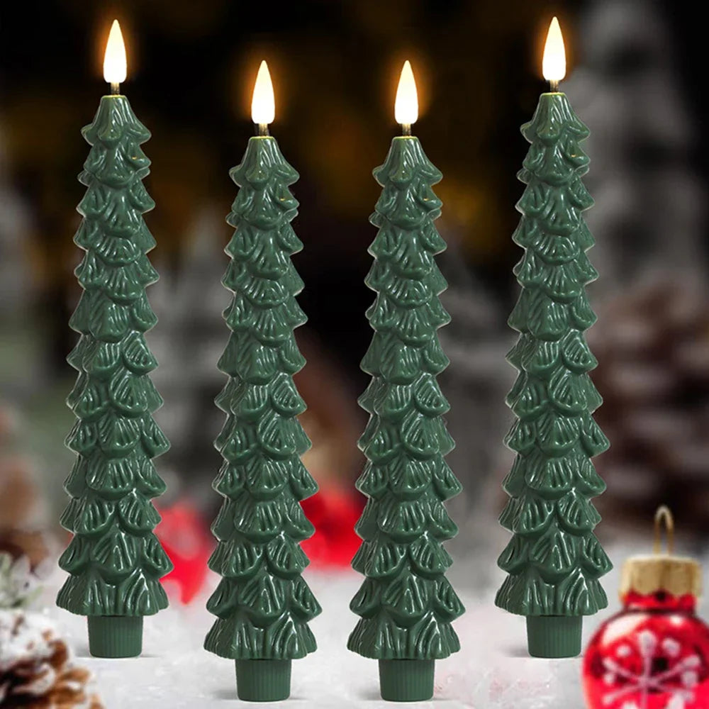2pc/4pcs Christmas Tree LED Flameless Candles 3D Flame Green Candlesticks Christmas