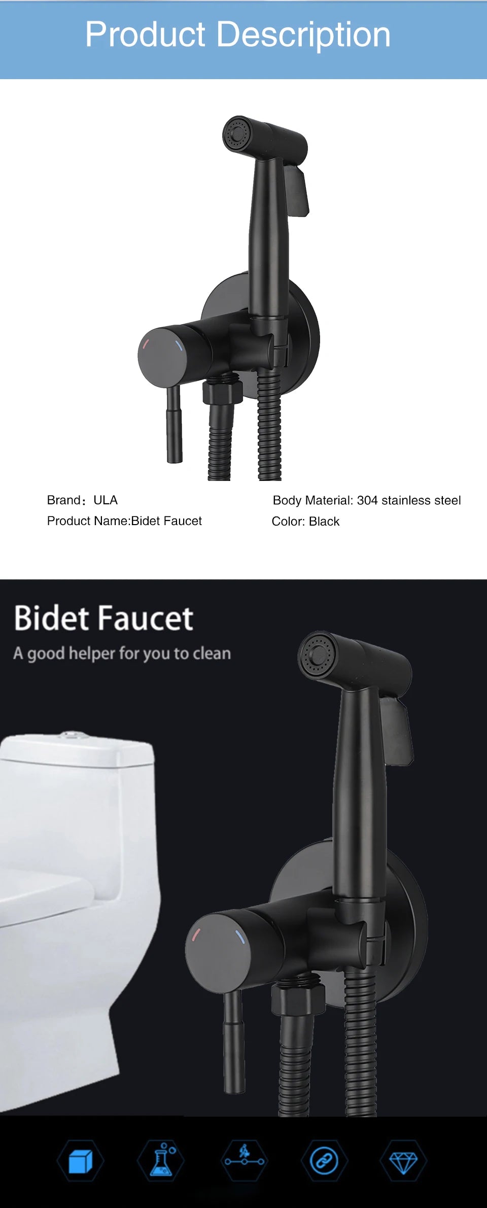 ULA Portable Bidet Sprayer Set Black Stainless Steel Toilet Bathroom Shower Head