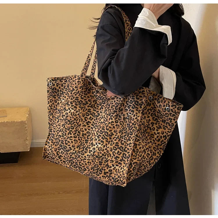 Oversized Leopard Print Shoulder Bag Women Canvas Large Capacity Shopping Tote