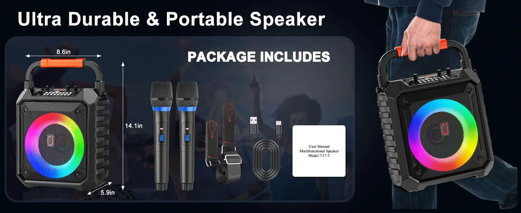 Karaoke Machine with 2 Wireless Microphones Portable Speaker LED Lights Kids Adults