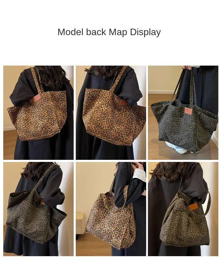 Oversized Leopard Print Shoulder Bag Women Canvas Large Capacity Shopping Tote