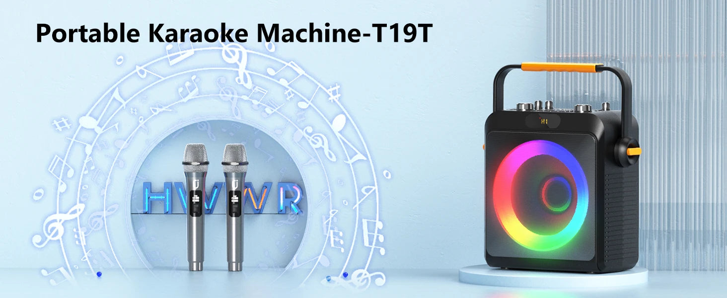 Karaoke Machine with 2 Wireless Microphones Portable Speaker LED Lights Kids Adults