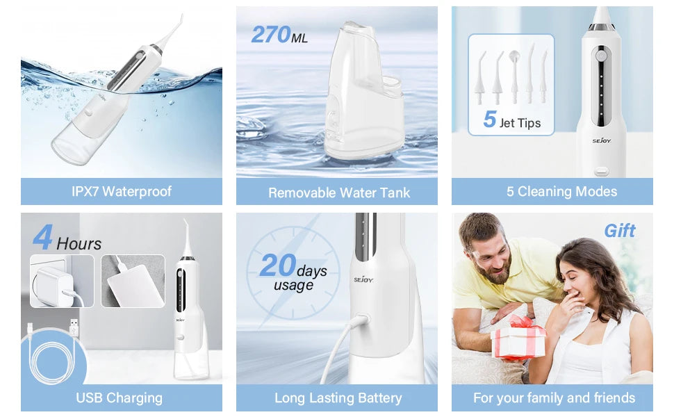 Sejoy Cordless Electric Water Flosser for Teeth Dental Portable Oral Irrigator Rechargeable
