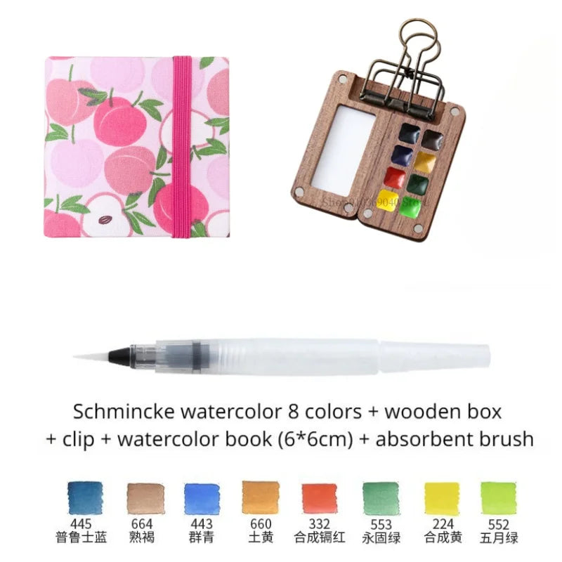 Portable Travel Watercolor Set Schmincke 8 Colors Mini Walnut Paint Box Sketchbook Supplies