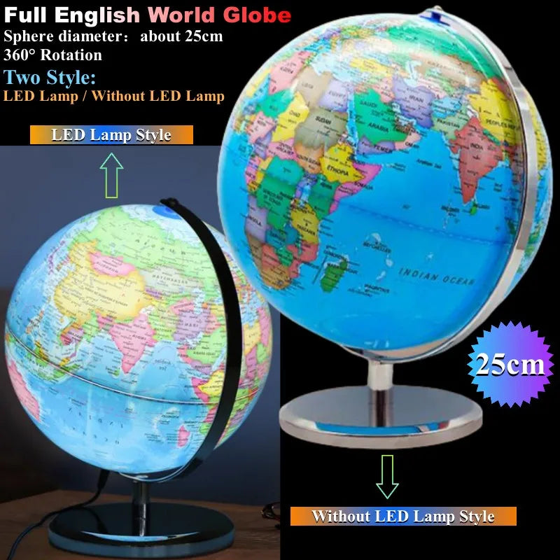 Sphere Diameter 25cm English World Globe HD Printed 360° LED Light Desk Lamp Globe Metal ABS