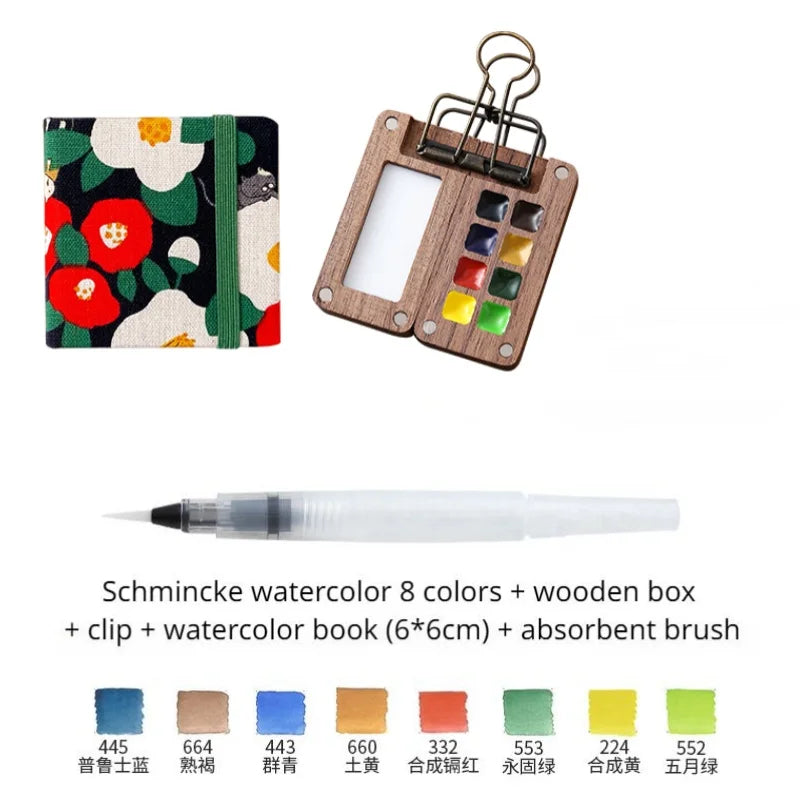 Portable Travel Watercolor Set Schmincke 8 Colors Mini Walnut Paint Box Sketchbook Supplies