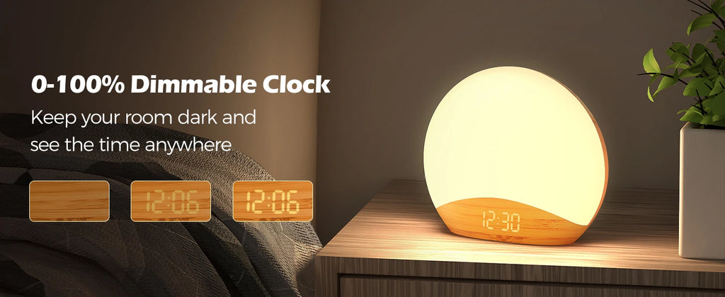 Wood Grain Sunrise Alarm Clock Sound Machine Nightlight Digital Dimmable for Bedroom 26 Sleep Sounds Baby Adults Kids