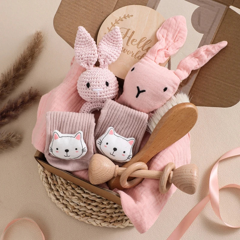 Baby Bath Set Cotton Blanket 7PCS Gift Box Wooden Crochet Rattle Brush Bracelet Towel For Baby Shower Gift