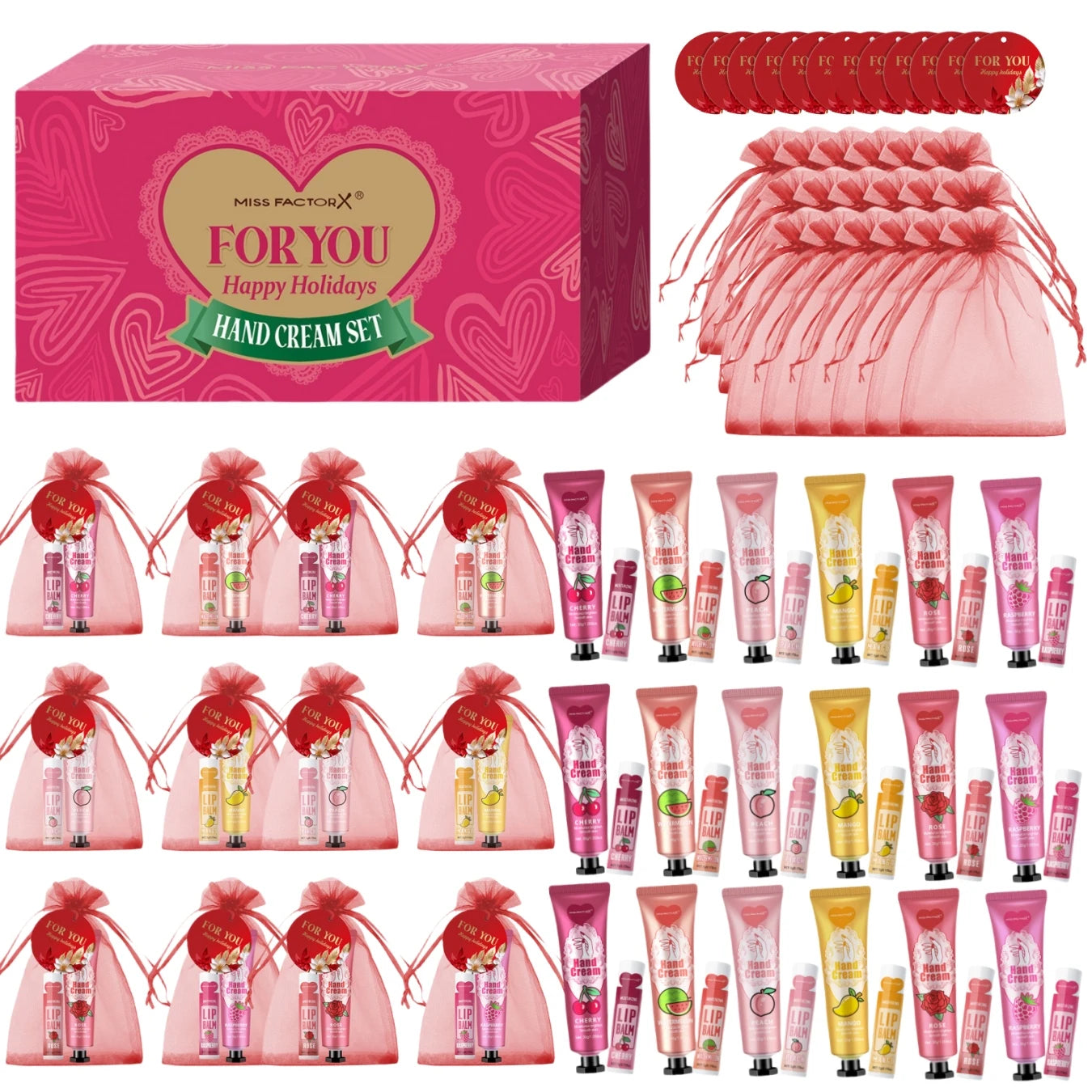 96pcs gift set hand cream and lip balm with thank you card and bag suitable for wedding ladies party