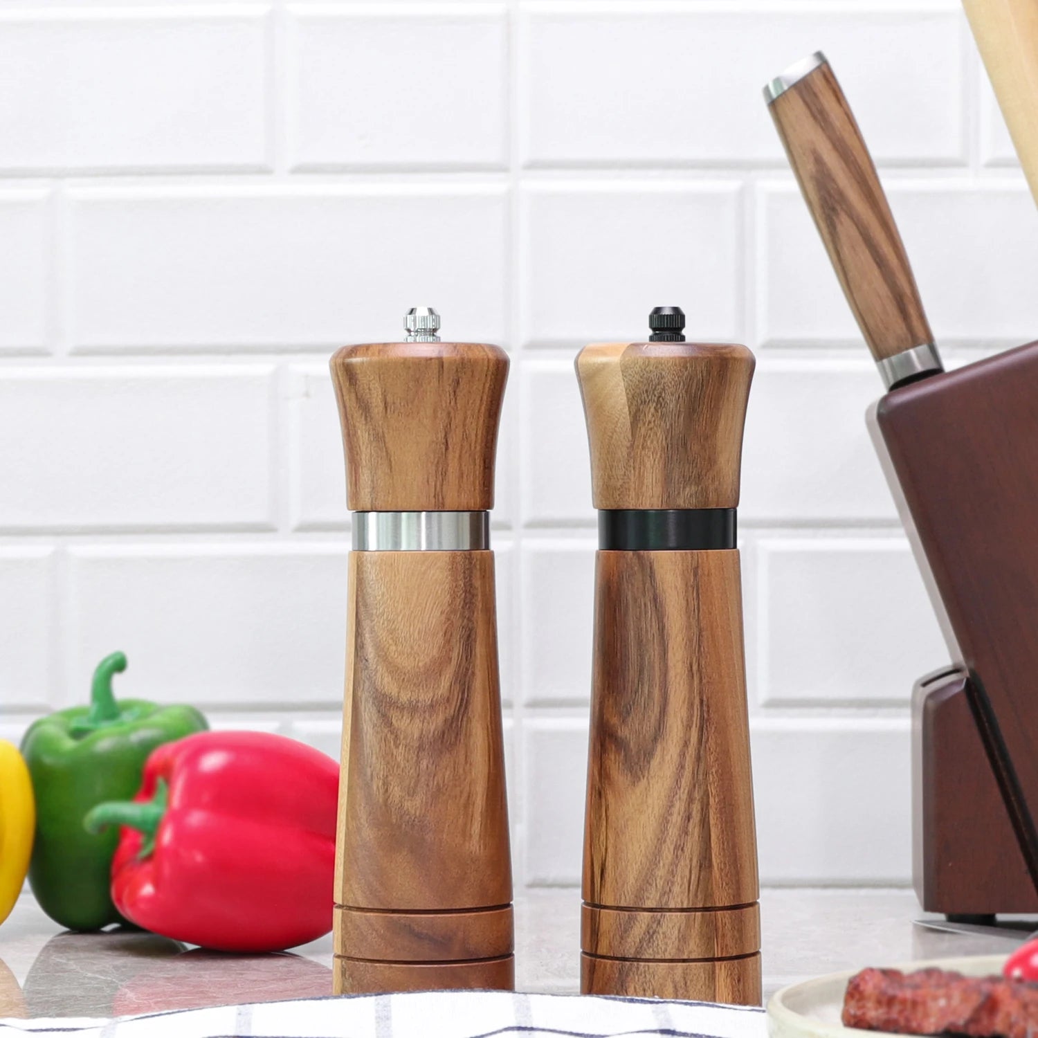 Wood Salt and Pepper Mills Set (with spare ceramic and brush)  Kitchen