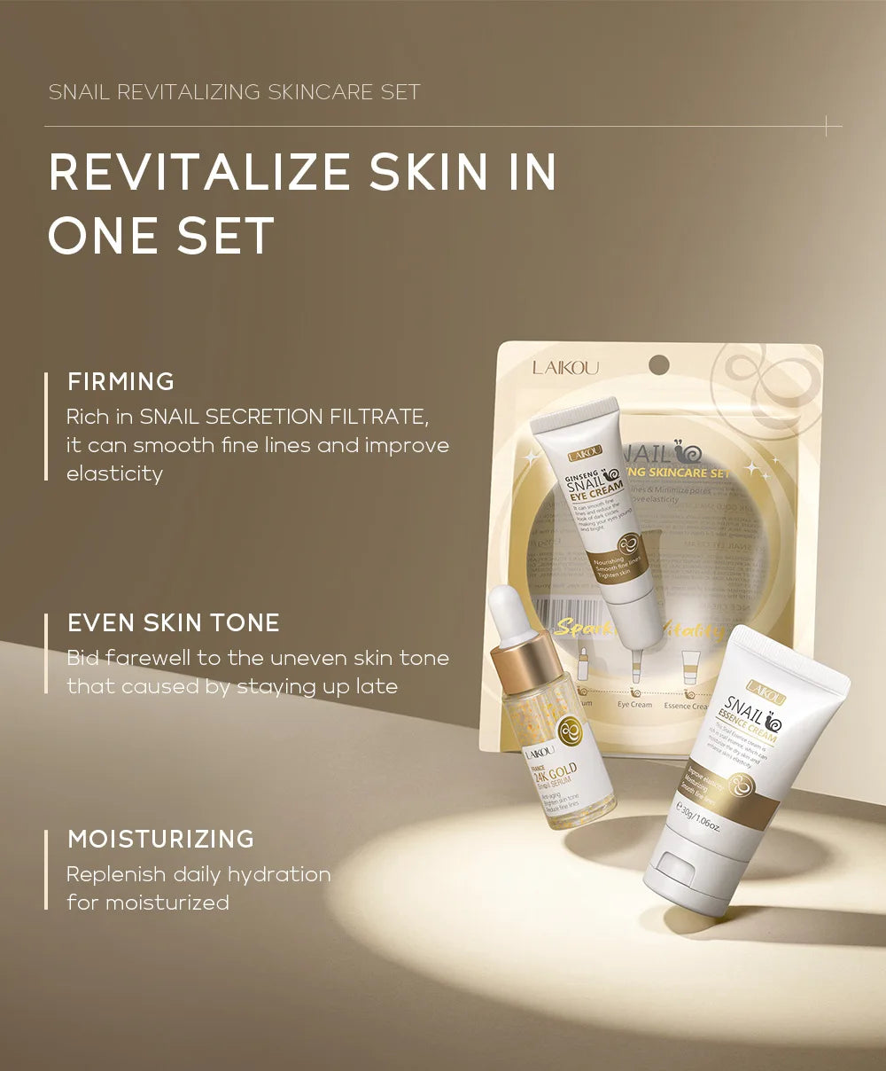 3pcs set LAIKOU Skin Care Vitamin C Sakura Snail Essence Serum Eye Face Cream Moisturizer Travel Size