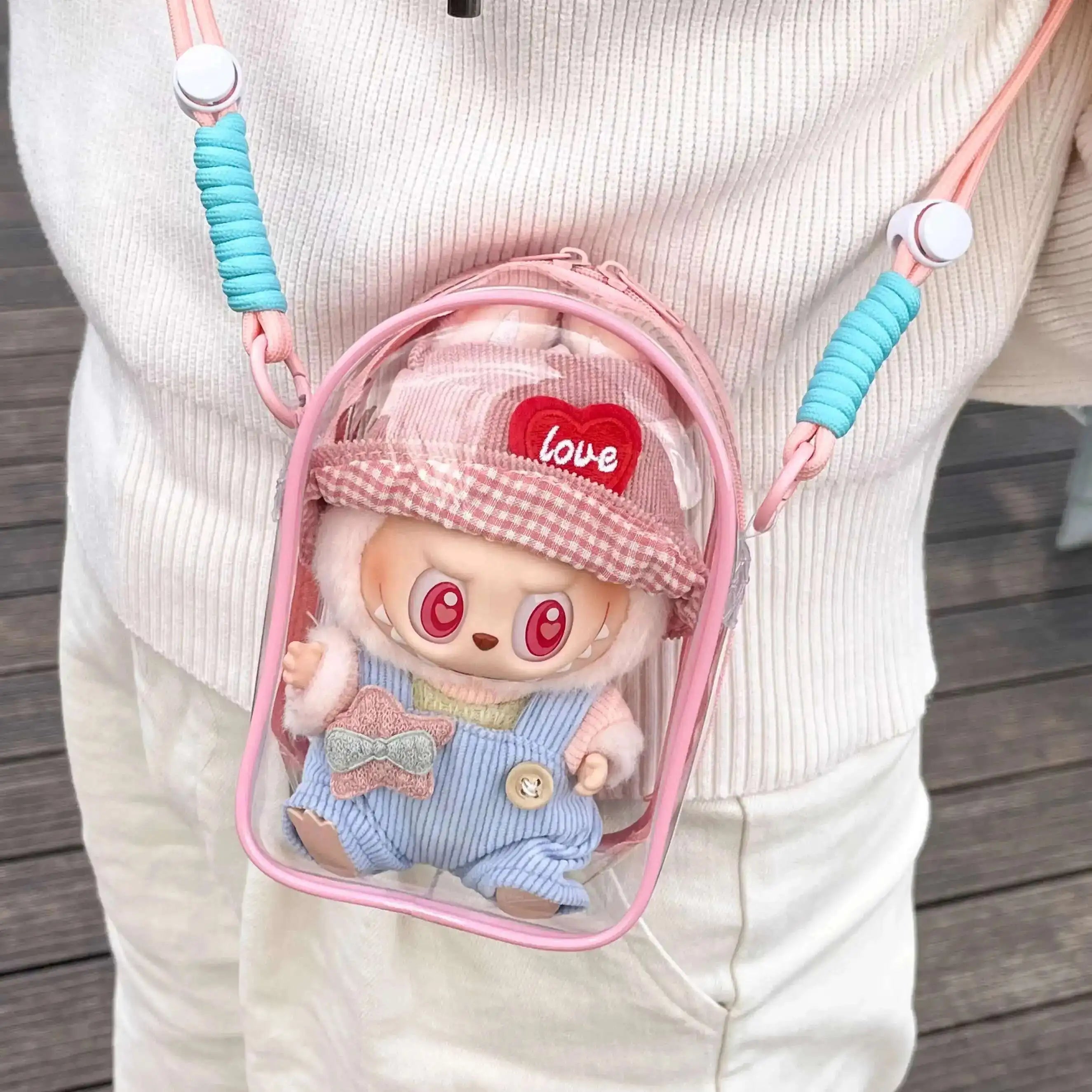 Labubu Protect Case Sitting Party 15cm Cotton Doll Shoulder Bag PVC Storage