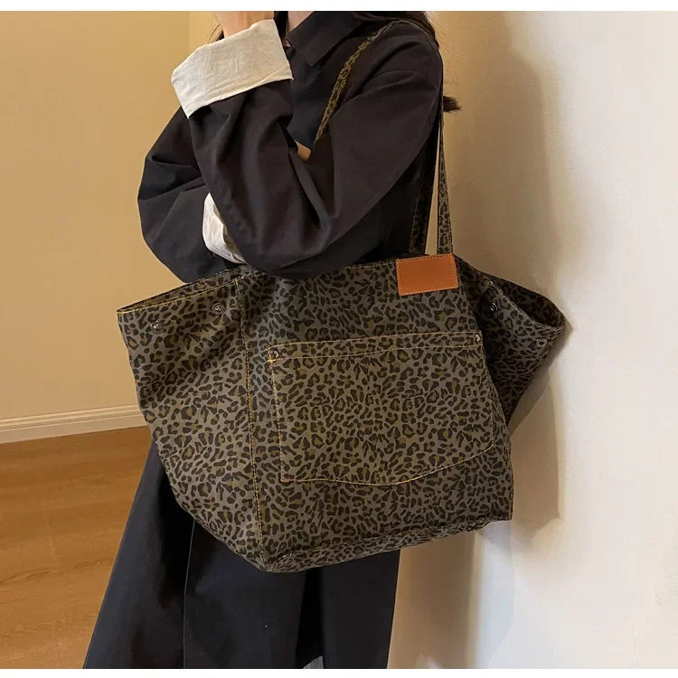Oversized Leopard Print Shoulder Bag Women Canvas Large Capacity Shopping Tote