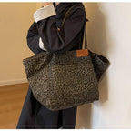Oversized Leopard Print Shoulder Bag Women Canvas Large Capacity Shopping Tote