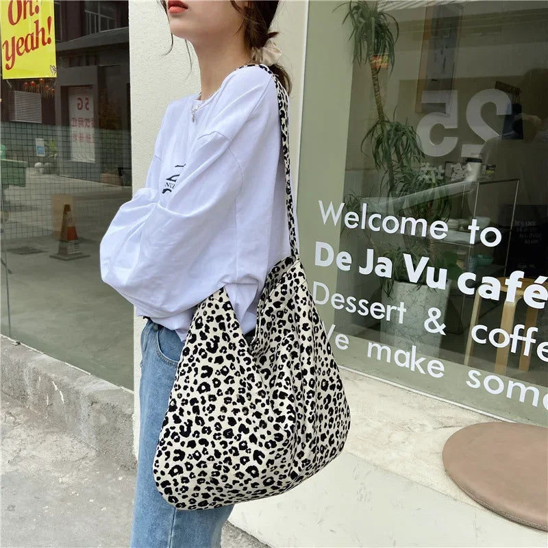 Oversized Leopard Print Shoulder Bag Women Canvas Large Capacity Shopping Tote