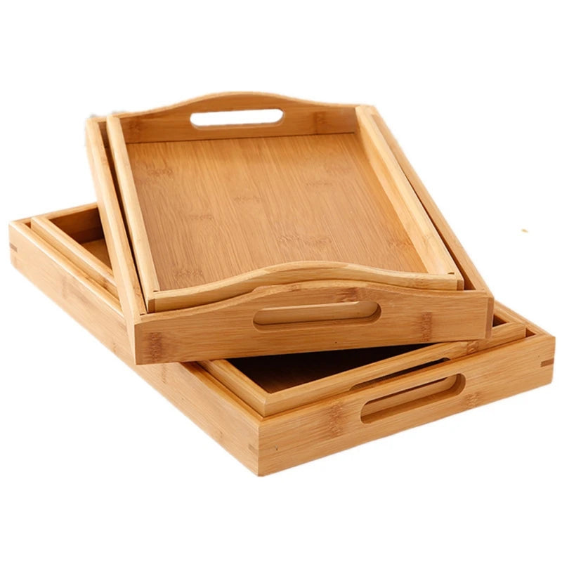 Wide Bamboo Organizer Tray with Handles for Cutlery Serving Spoons Cooking Utensils Teapot Teacup