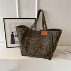 Oversized Leopard Print Shoulder Bag Women Canvas Large Capacity Shopping Tote
