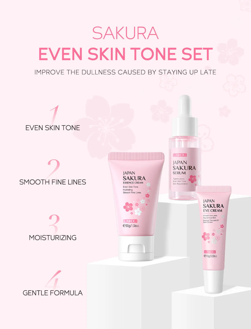 3pcs set LAIKOU Skin Care Vitamin C Sakura Snail Essence Serum Eye Face Cream Moisturizer Travel Size