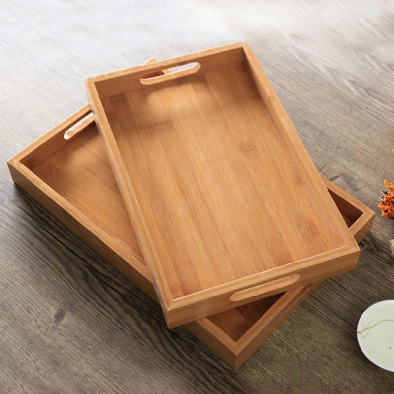 Wide Bamboo Organizer Tray with Handles for Cutlery Serving Spoons Cooking Utensils Teapot Teacup