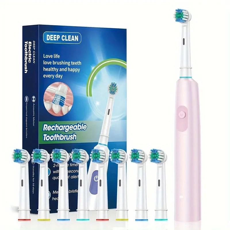 Round Rotating Electric Toothbrush Adults 5 Cleaning Modes USB Rechargeable 4/8 Replacement Heads