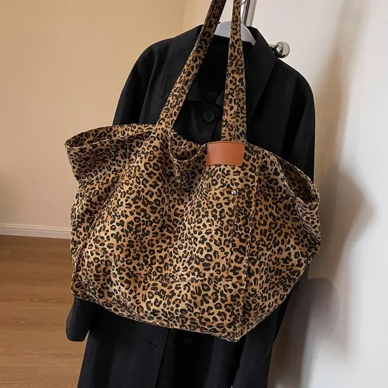 Oversized Leopard Print Shoulder Bag Women Canvas Large Capacity Shopping Tote