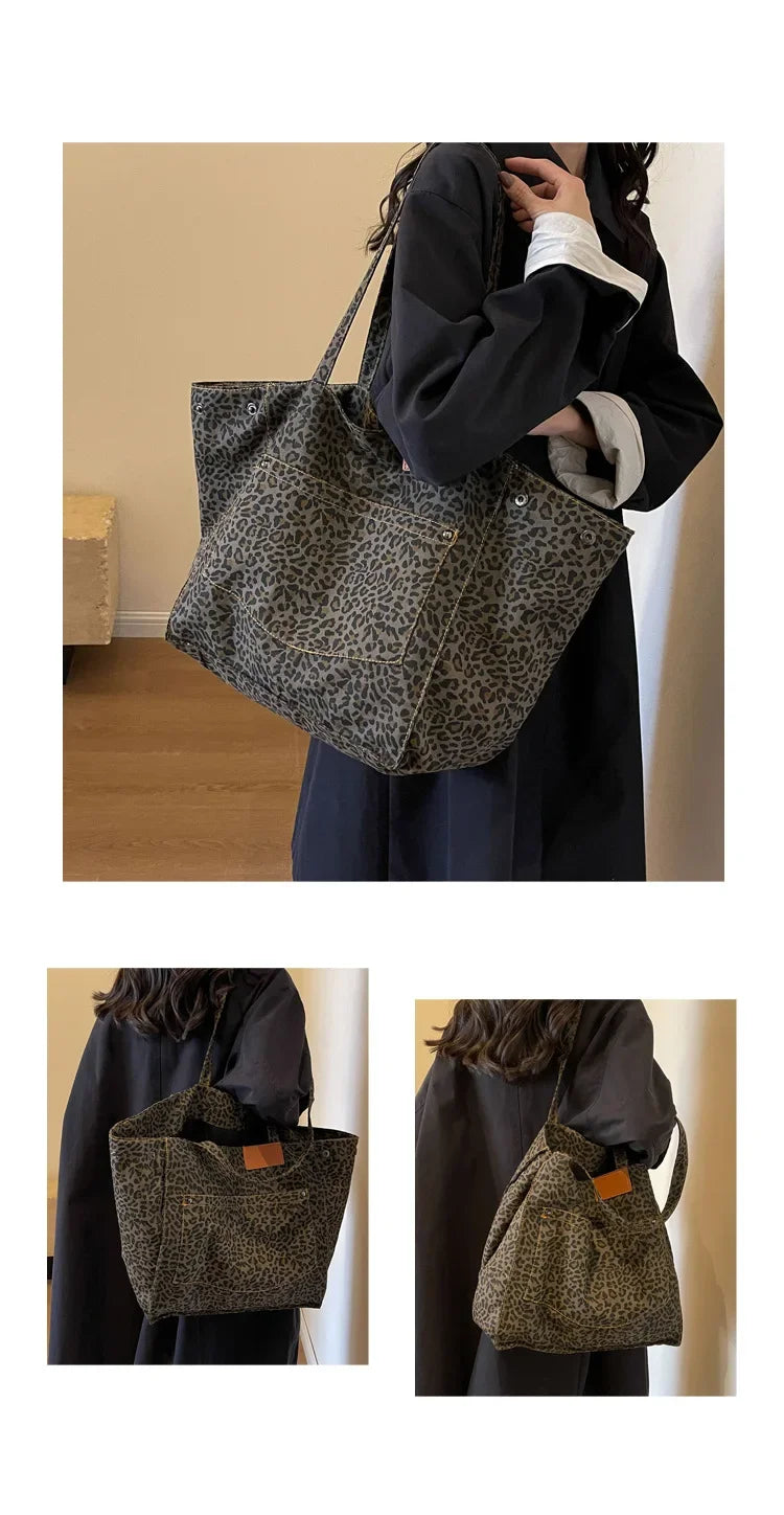 Oversized Leopard Print Shoulder Bag Women Canvas Large Capacity Shopping Tote