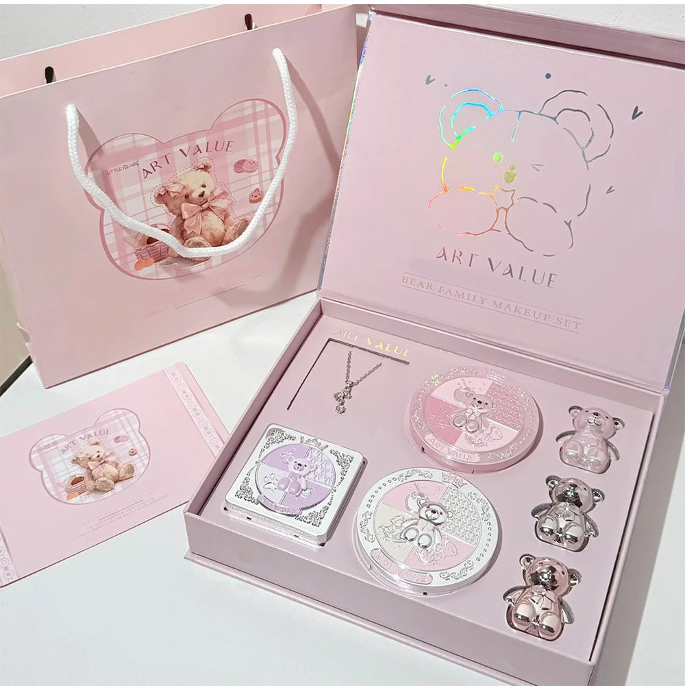 ART VALUE 7PC Makeup Set 3 Colors Lip Mud Pressed Powder Blush Eyeshadow Necklace