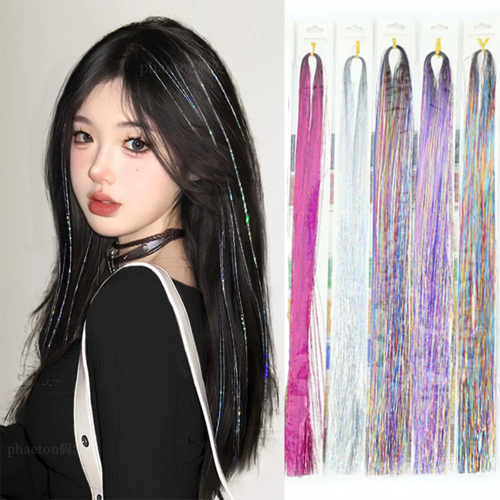 93cm Sparkle Hair Tinsel Rainbow Colored Strands  Hair Extensions Glitter