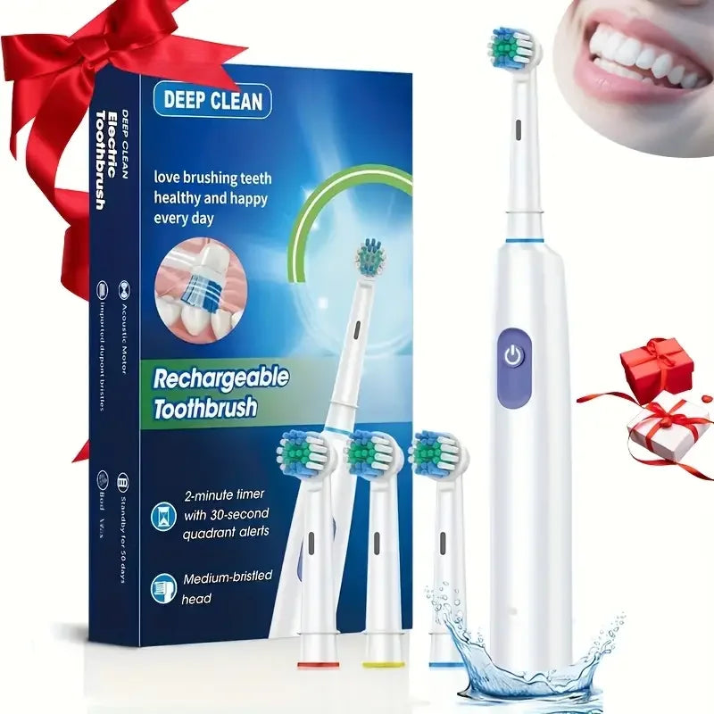 Round Rotating Electric Toothbrush Adults 5 Cleaning Modes USB Rechargeable 4/8 Replacement Heads