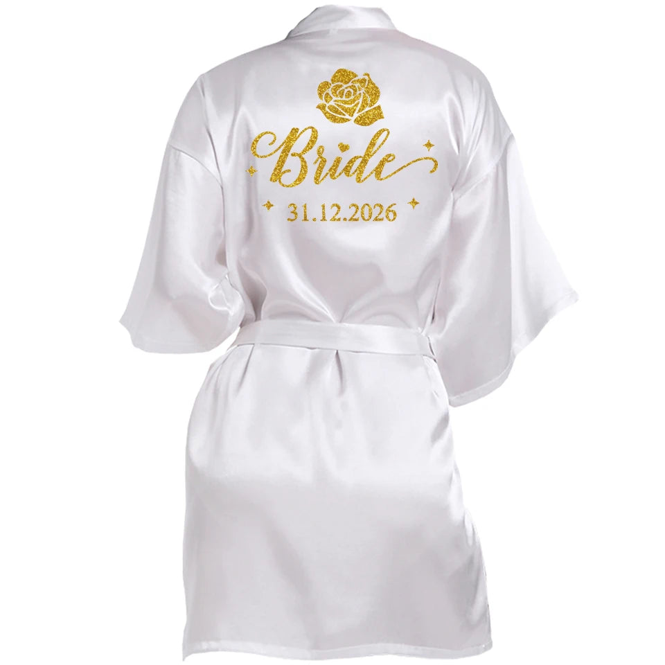 Customized Name Date Wedding Bathrobe Faux Silk Bridal Robe Bridesmaid