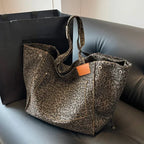 Oversized Leopard Print Shoulder Bag Women Canvas Large Capacity Shopping Tote