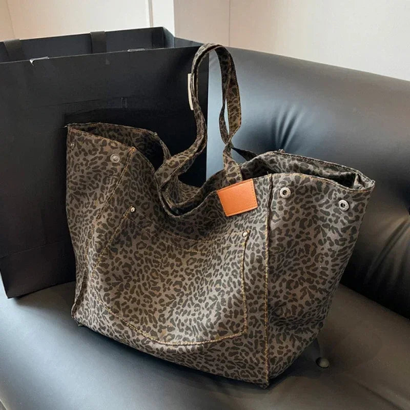 Oversized Leopard Print Shoulder Bag Women Canvas Large Capacity Shopping Tote