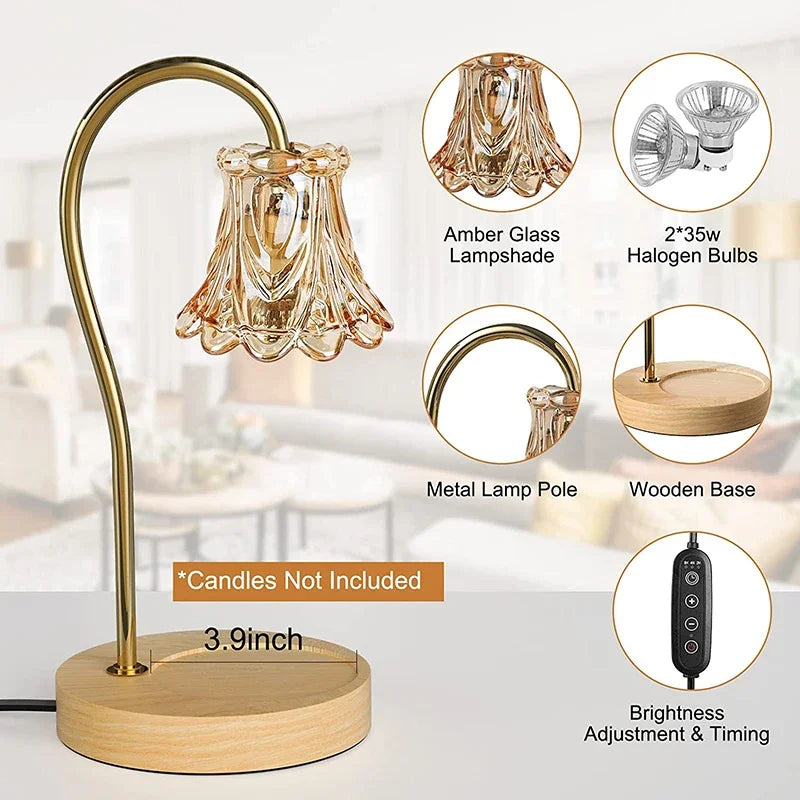 Candle Warmer Lamp 2 Bulbs Soft Brightness Ambiance Modern Glass Flower Wood Base