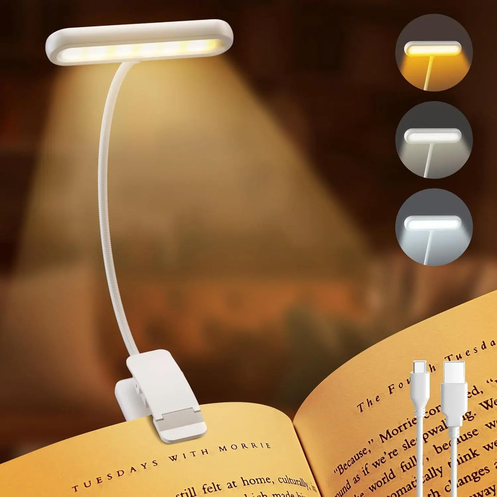 Book Light USB Rechargeable Reading Warm Cool White Daylight Portable Flexible Easy Clip Night Lamp