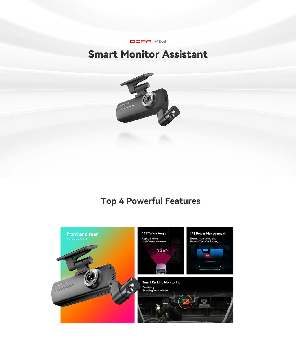 DDPAI Dash Cam N1 Dual Front & Rear Recording Night VIS 1296P Car DVR App Control