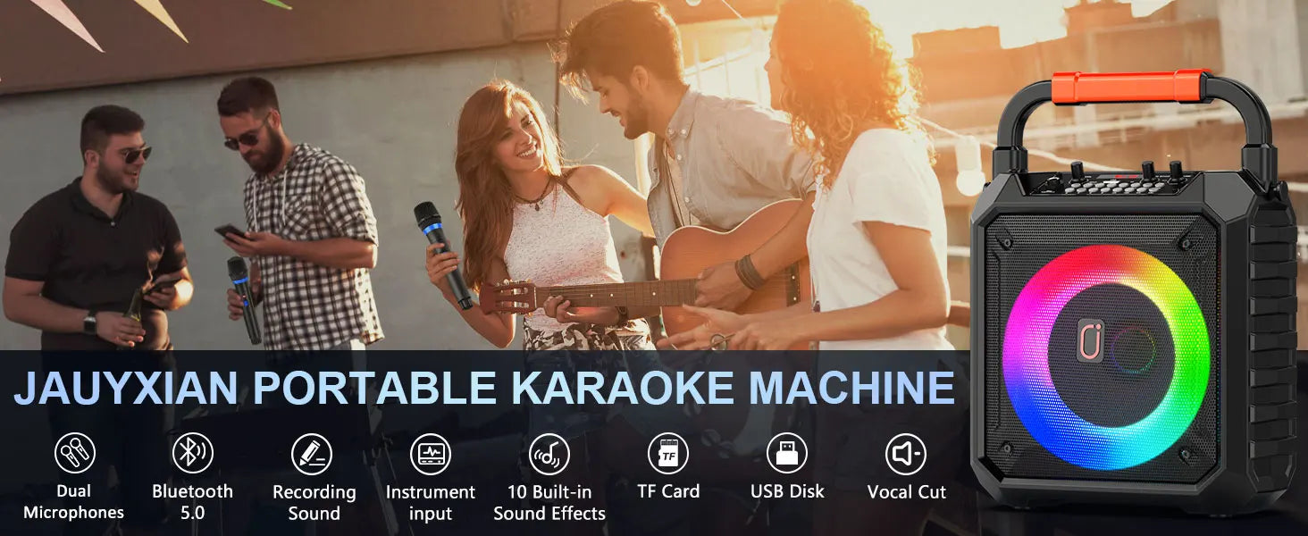 Karaoke Machine with 2 Wireless Microphones Portable Speaker LED Lights Kids Adults