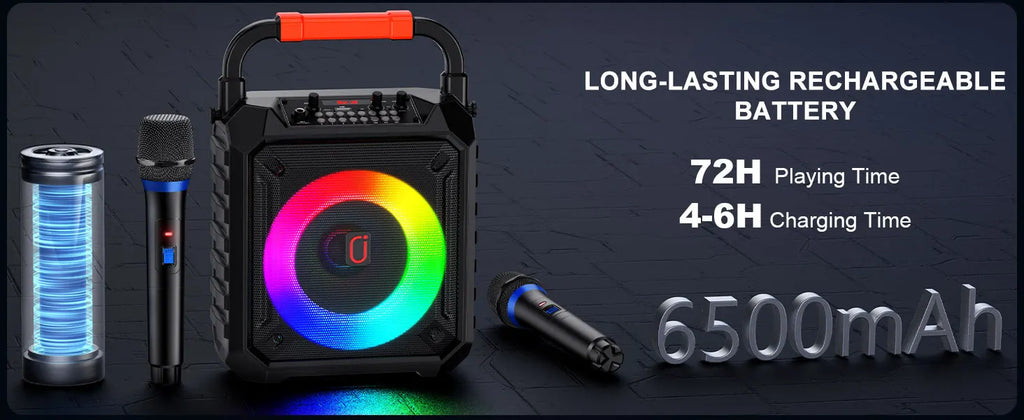 Karaoke Machine with 2 Wireless Microphones Portable Speaker LED Lights Kids Adults