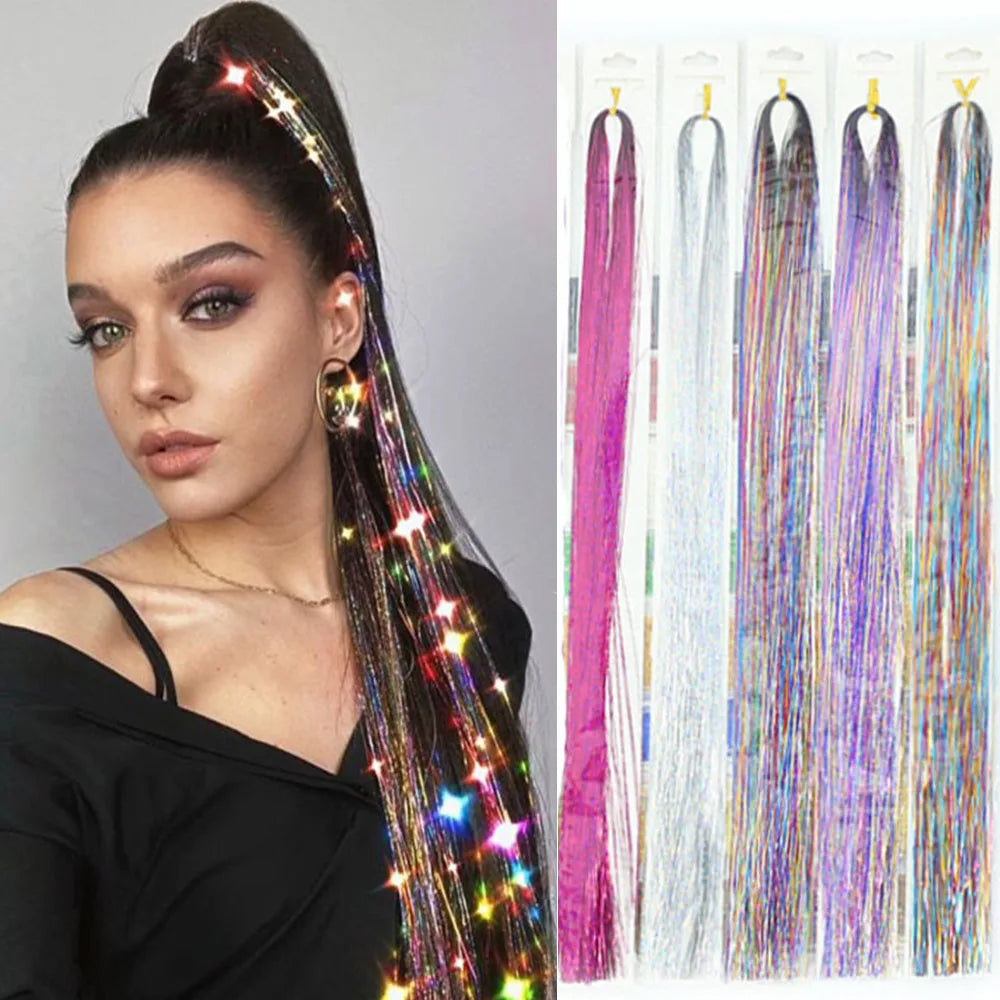 93cm Sparkle Hair Tinsel Rainbow Colored Strands  Hair Extensions Glitter