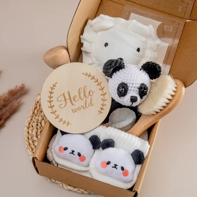 Baby Bath Set Cotton Blanket 7PCS Gift Box Wooden Crochet Rattle Brush Bracelet Towel For Baby Shower Gift