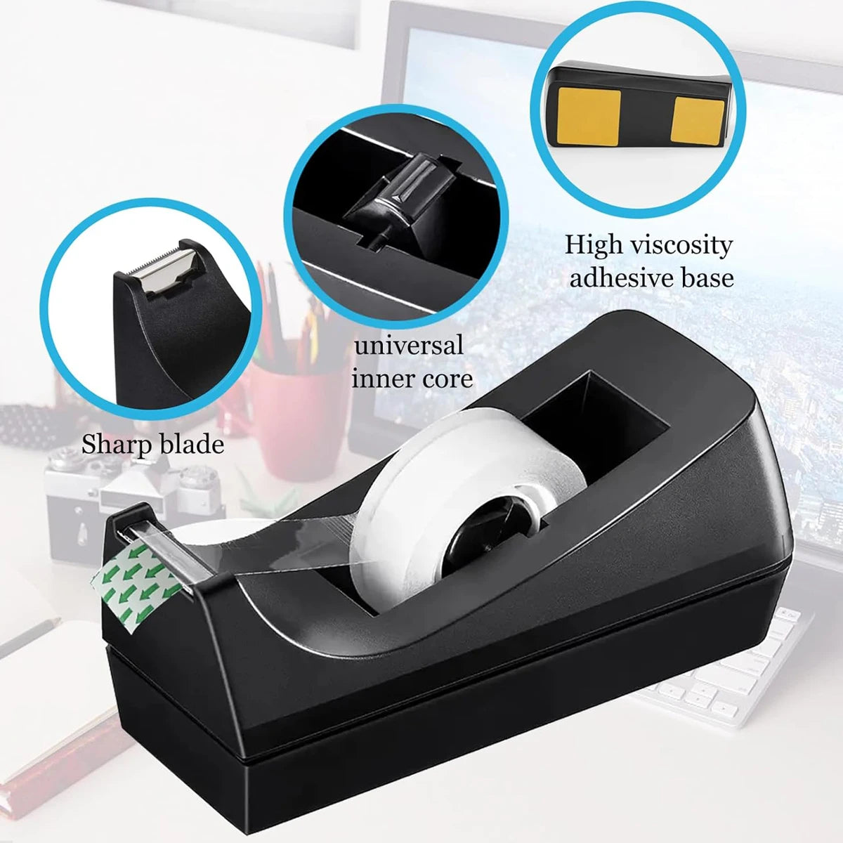 1pc Black Desktop Tape Dispenser Non-Slip Base