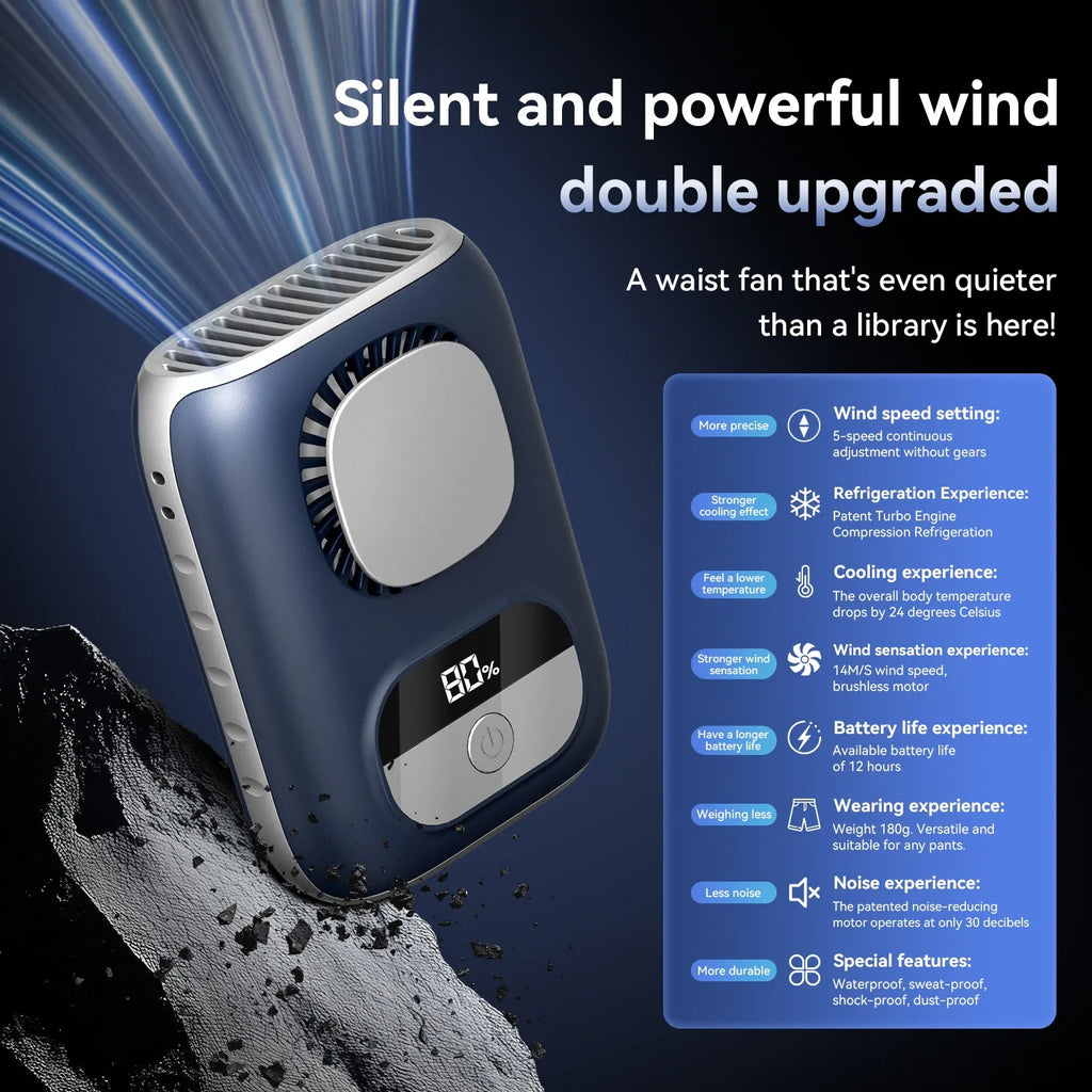 3CM Thin Tiny Portable Waist Fan 4000mAh Clip On Personal Neck Fan LED 12H 5 Speeds 10500RPM Strong Airflow with Lanyard