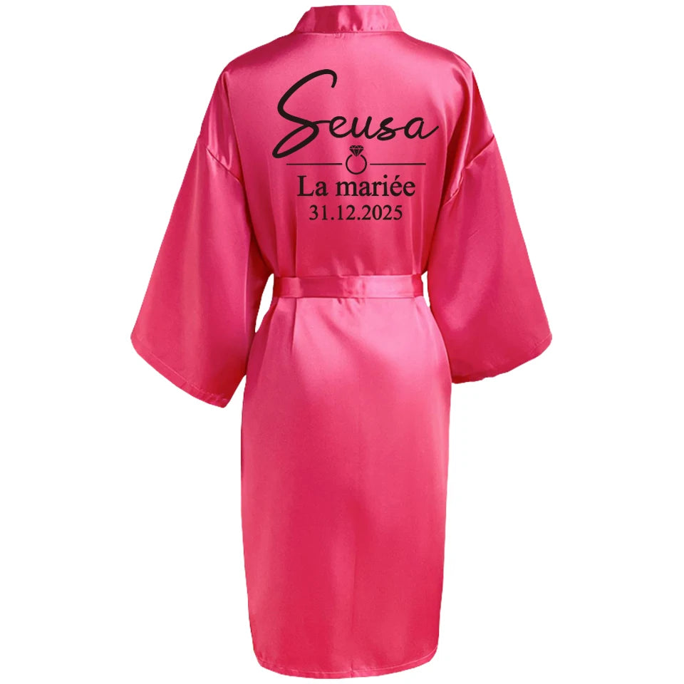 Customized Name Date Wedding Bathrobe Faux Silk Bridal Robe Bridesmaid