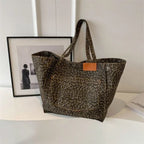 Oversized Leopard Print Shoulder Bag Women Canvas Large Capacity Shopping Tote