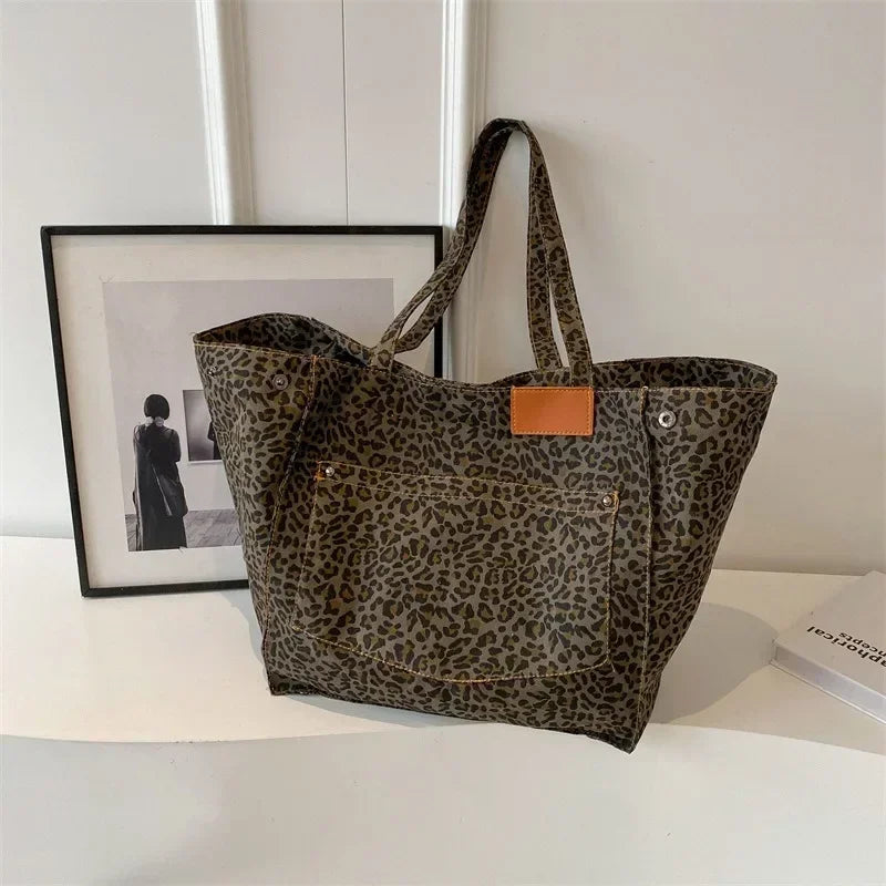 Oversized Leopard Print Shoulder Bag Women Canvas Large Capacity Shopping Tote