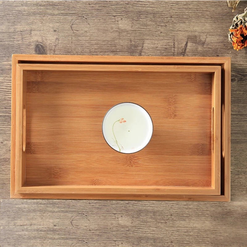 Wide Bamboo Organizer Tray with Handles for Cutlery Serving Spoons Cooking Utensils Teapot Teacup