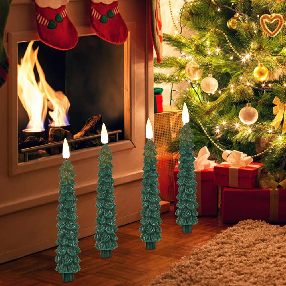 2pc/4pcs Christmas Tree LED Flameless Candles 3D Flame Green Candlesticks Christmas