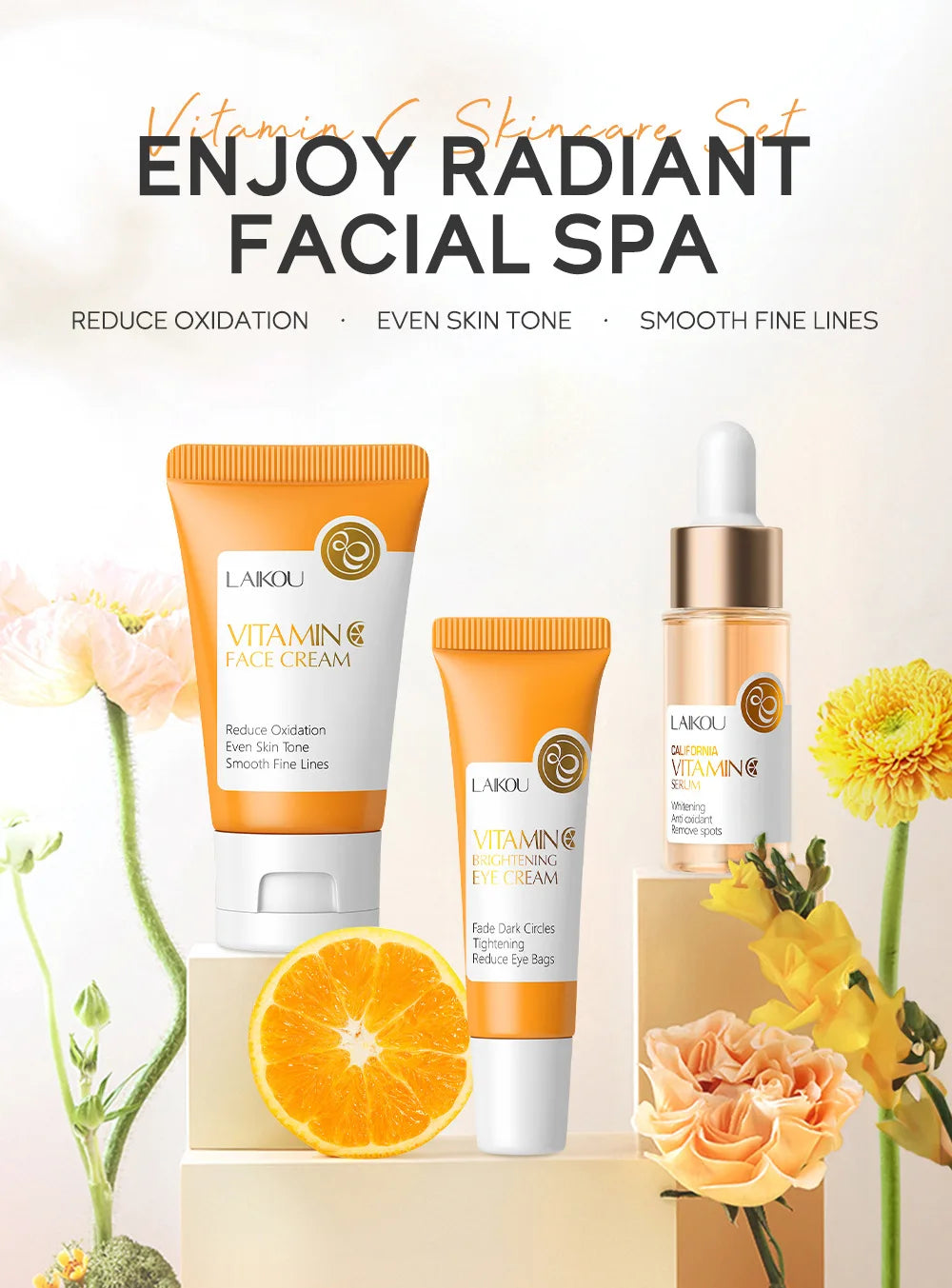 3pcs set LAIKOU Skin Care Vitamin C Sakura Snail Essence Serum Eye Face Cream Moisturizer Travel Size