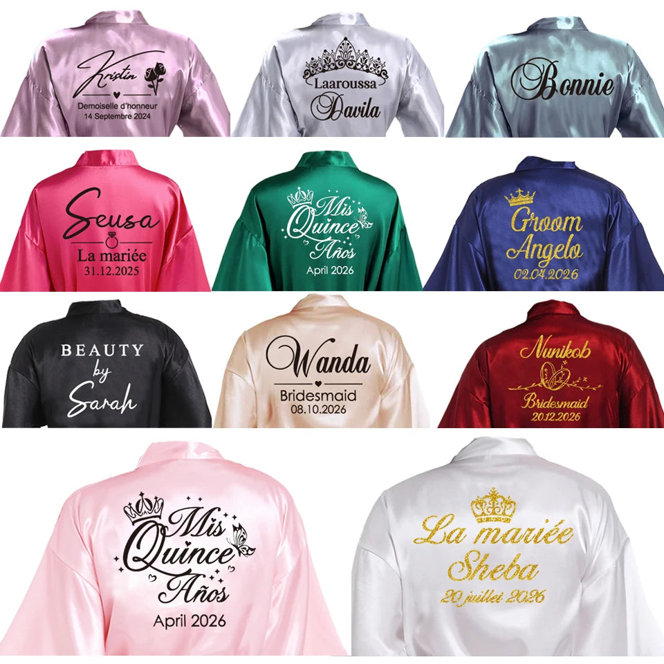 Customized Name Date Wedding Bathrobe Faux Silk Bridal Robe Bridesmaid