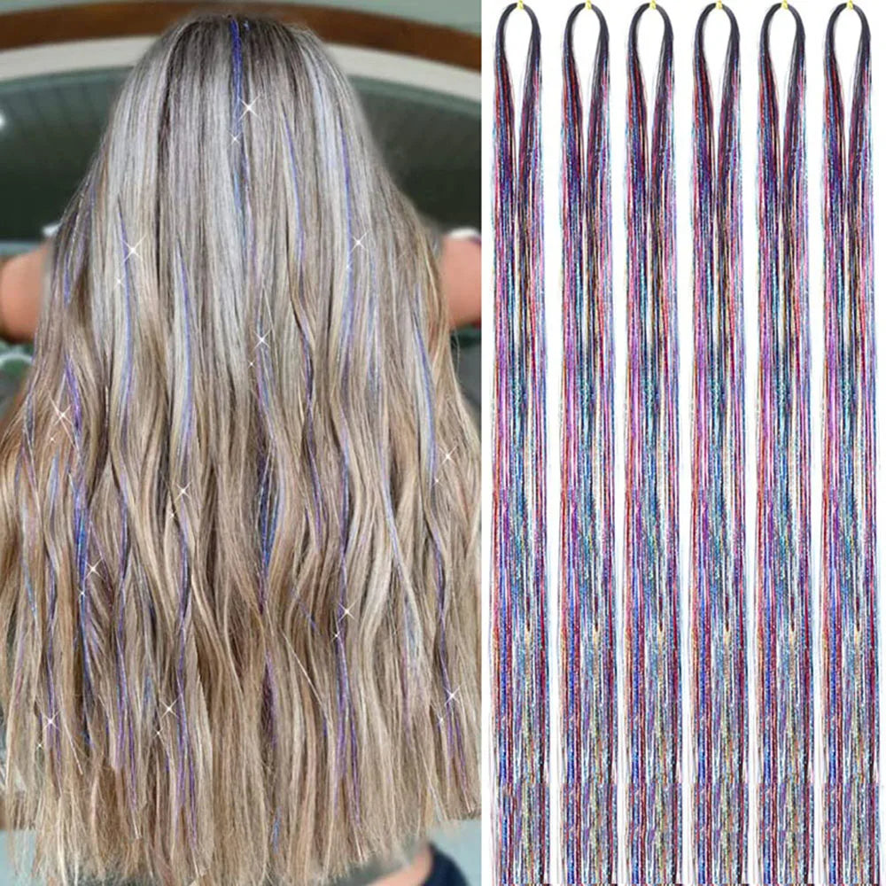 93cm Sparkle Hair Tinsel Rainbow Colored Strands  Hair Extensions Glitter